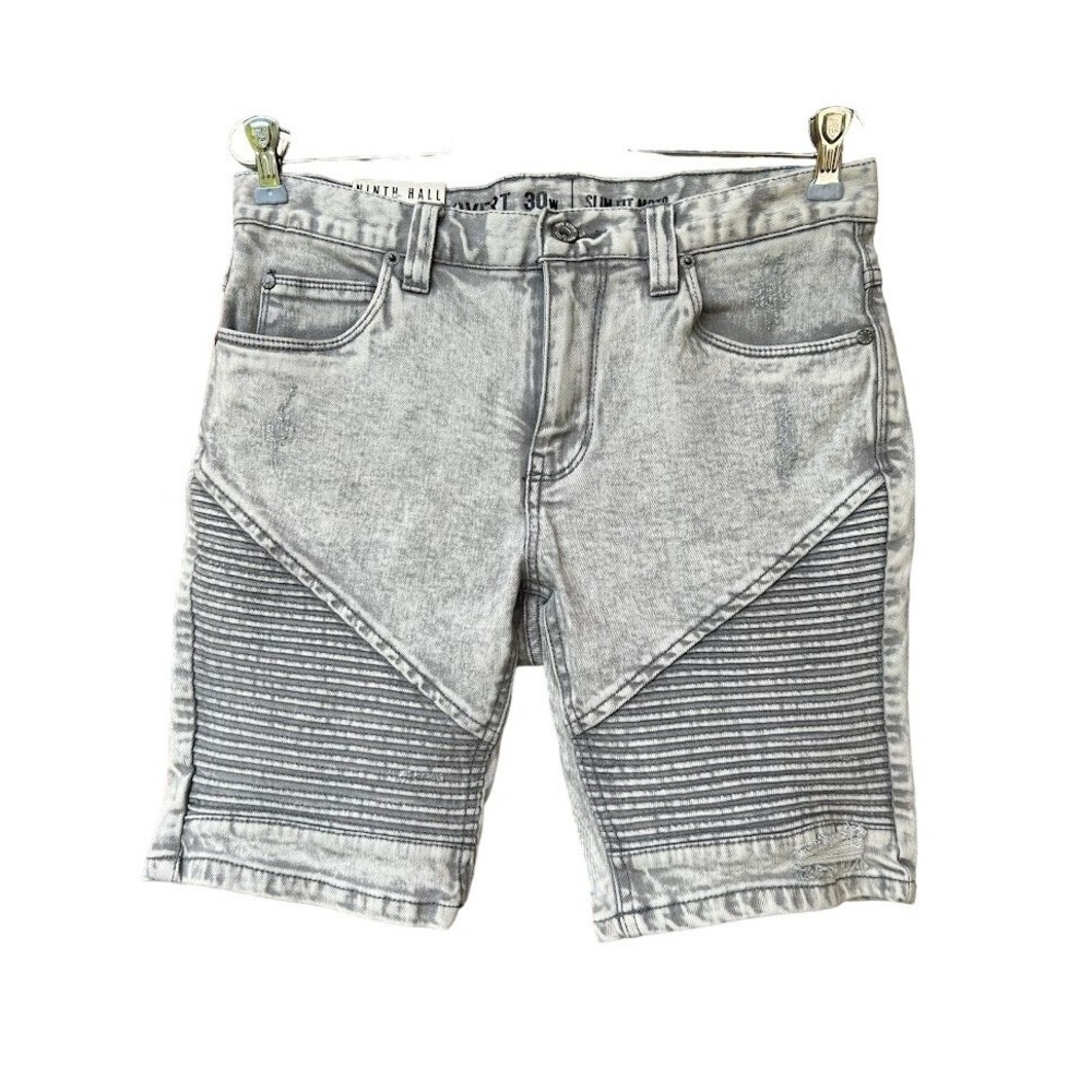 New Ninth Hall Covert Slim Fit Moto Denim Shorts 30W Acid Wash Light Grey Men's